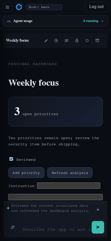 A real Kern App showing the UX layer for agent work