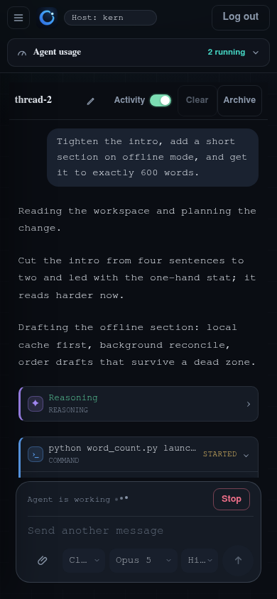 A real Kern Chat with an agent completing a task